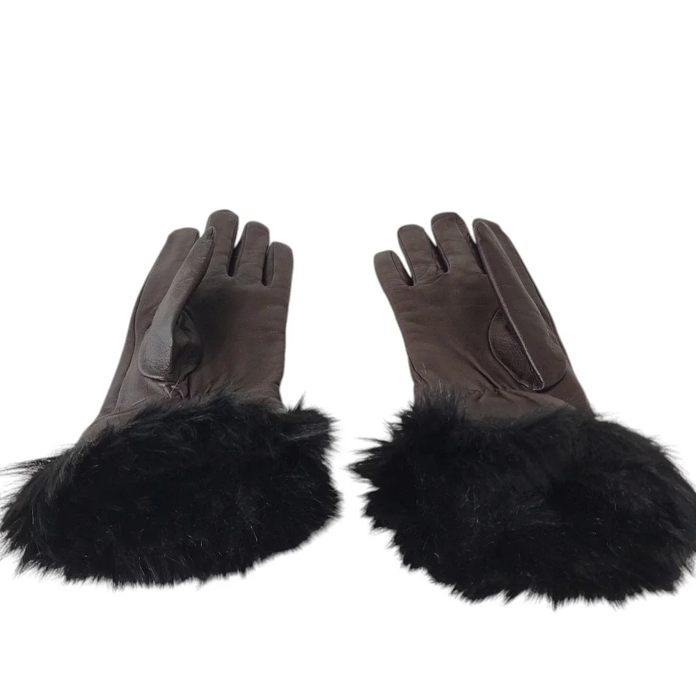 LAUREN Brown Leather Gloves Size M Designer Black Faux Fur Trim Classy Elegant